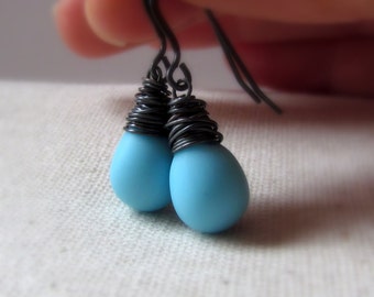 Robin Egg Blue Glass Earrings, Light Blue Earrings, Powder Blue, Sky Blue, Turquoise Blue, Oxidized Sterling Silver, Czech Glass