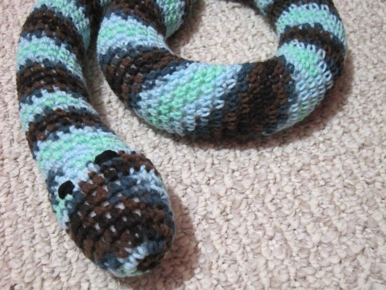 Crochet Snake Toy Door Draft Stopper Blue Green Brown and