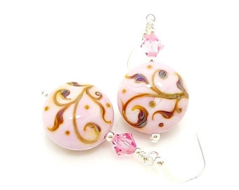 Pink Earrings, Lampwork Earrings, Glass Earrings, Glass Bead Earrings, Beadwork Earrings, Glass Art Earrings, Lampwork Jewelry