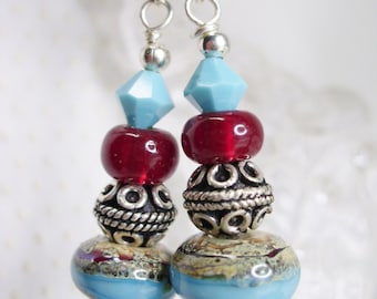 Turquoise and Red Desert Jewels Lampwork Earrings with Swarovski crystals and 925 SS components