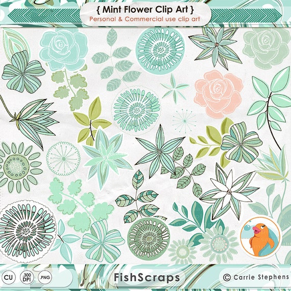 Mint Green Flower Clip Art, Aqua, Teal & Peach, Modern Floral Rose and Leaves Digital Graphics, ClipArt Download, DIY Printable Il_570xn