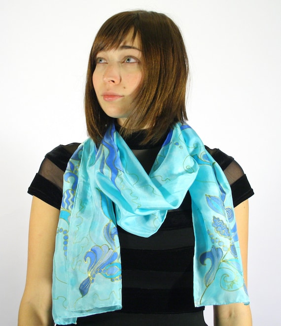 Aquamarine Scarf - Hand painted Blue Scarf Headcovering . Shades of Blue Scarf . Hand Painted Silk scarf.