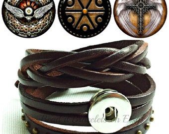 Dark Brown leather snap bracelet wraps plus 3 snaps- will fit Noosa Chunks or Gingersnap Charms with Angel Wing snap charms.