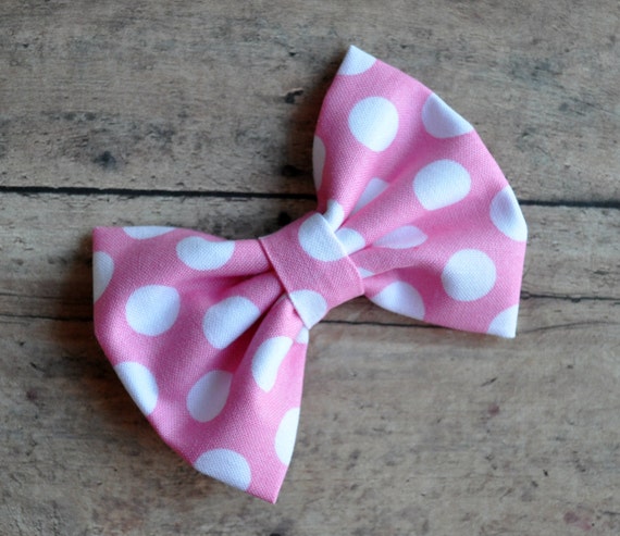 Pink and White Polka Dot Fabric Bow 3.5 Inches by JensEnchantedBtq