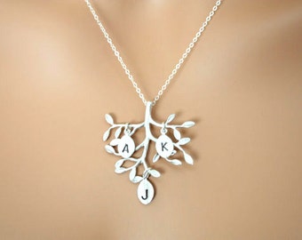 Family Tree necklace with three initial leaves, tree branch necklace, leaf necklace, STERLING SILVER - family tree necklace, leaf jewelry