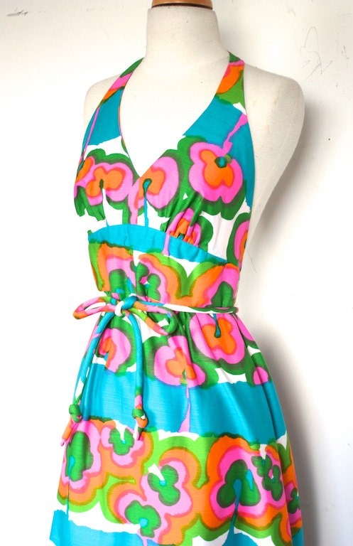 Vintage 1960s Dress // 60s 70s Bright Floral Print Halter