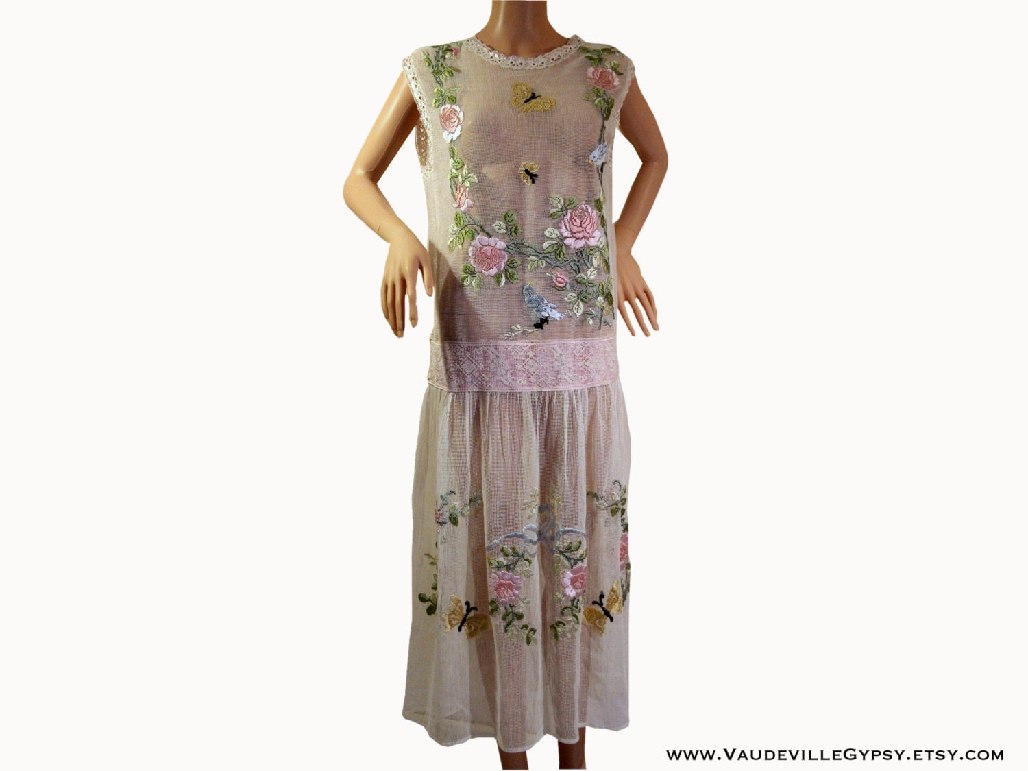 1920s Tea Dress with Ribbon Embroidery Butterflies Birds