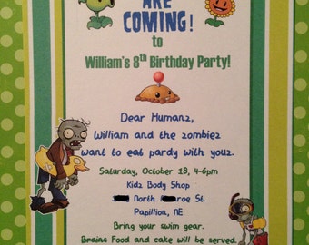 Set of 12 PLANTS VS. ZOMBIES Invitations Boy Birthday Party Personalized