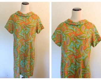 Vintage 1960's Orange Green Teal Paisley Mod Dress Buttons Size Large/XL