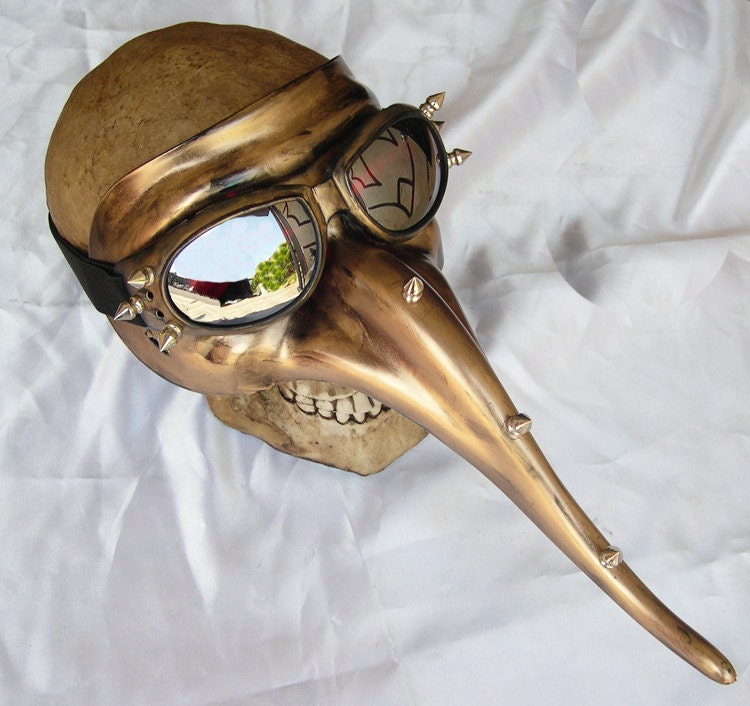 GOLD Distressed-Look PLAGUE DOCTOR Steampunk Mask with Spikes and Matching Detachable Goggles - A Burning Man Must Have