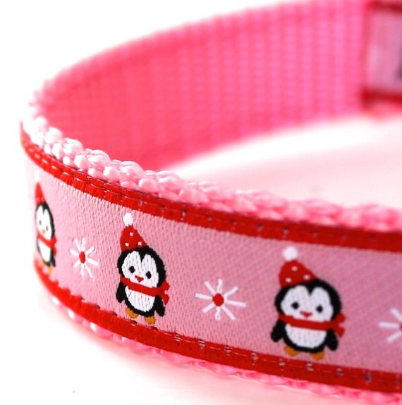 Pink Penguin Holiday Dog Collar Ribbon Dog Collar