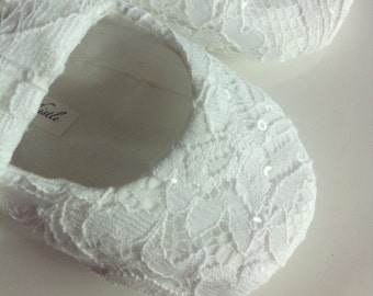 Lace Flower Girl Shoes White Sparkle - Baby and Toddler Girl - Christening Shoes