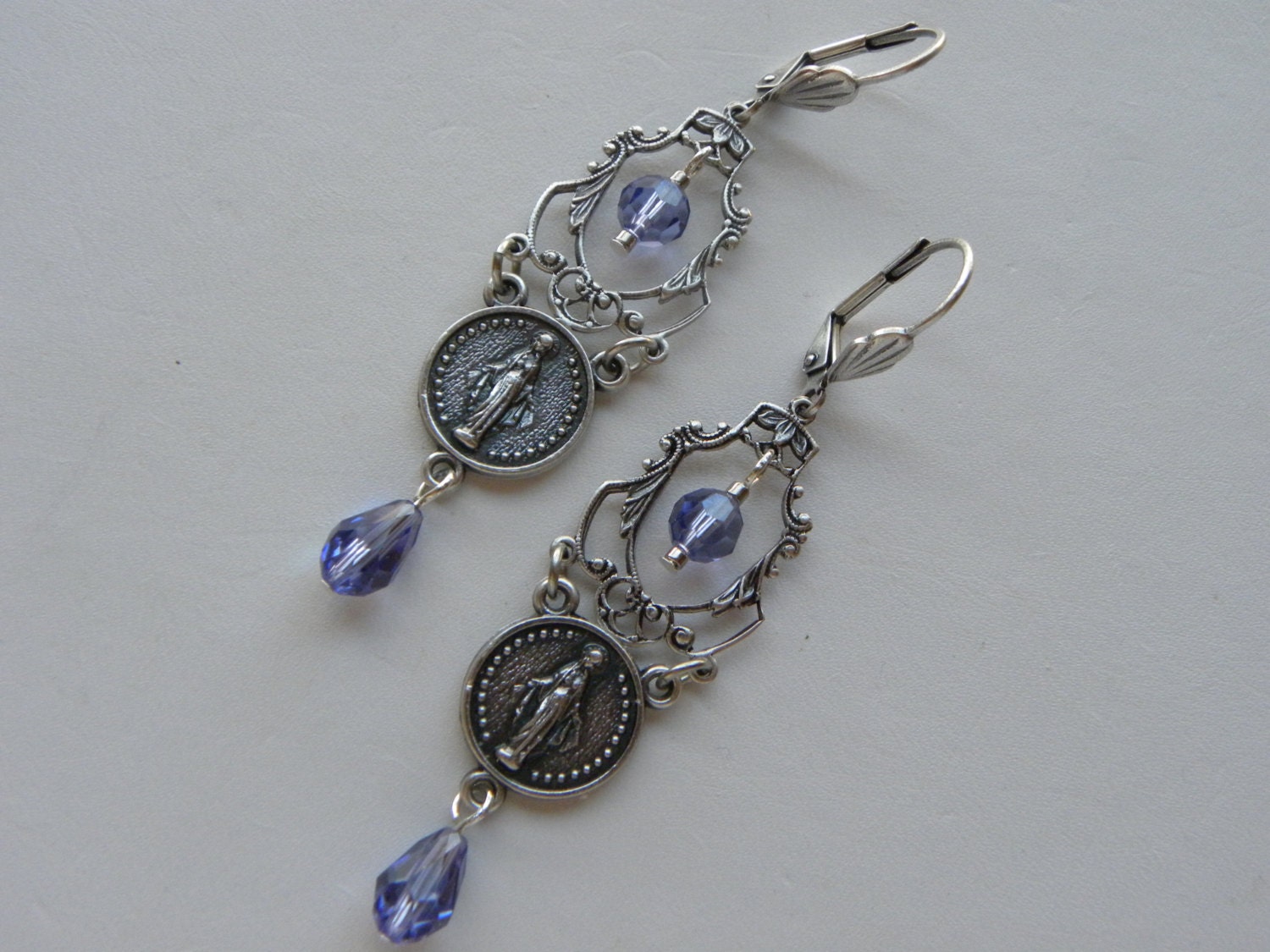 Religious Earrings Silver Assemblage Catholic Rosary Holy