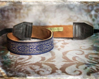 Blue Damask Leather and Suede Camera Strap
