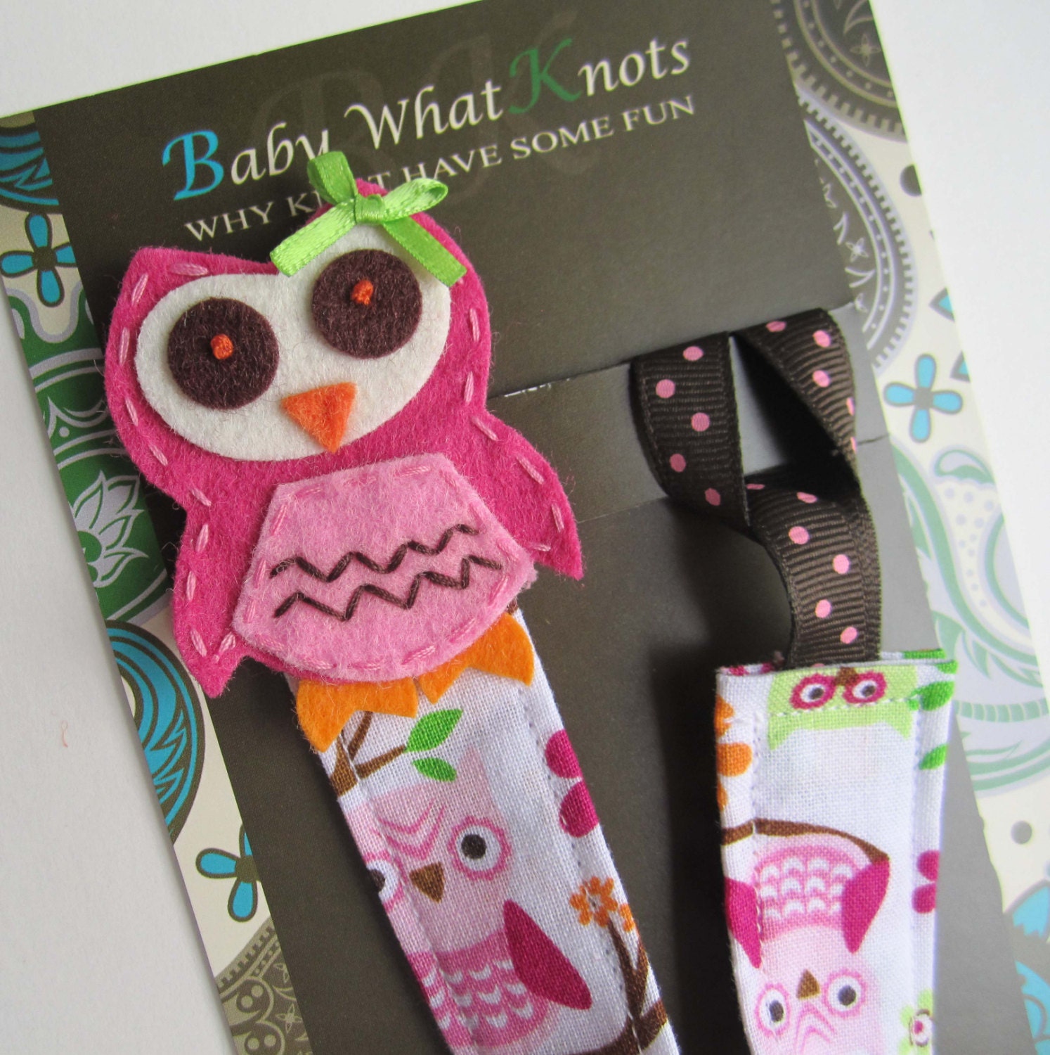 DeluXe Owl Pacifier Clip Fabric Pacifier Clip by BabyWhatKnots