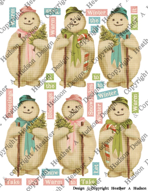 Pink Blue Green Victorian Vintage Holly Snowman Snowmen Christmas winter tags Candy cane Ornament  Digital Collage sheet Printable