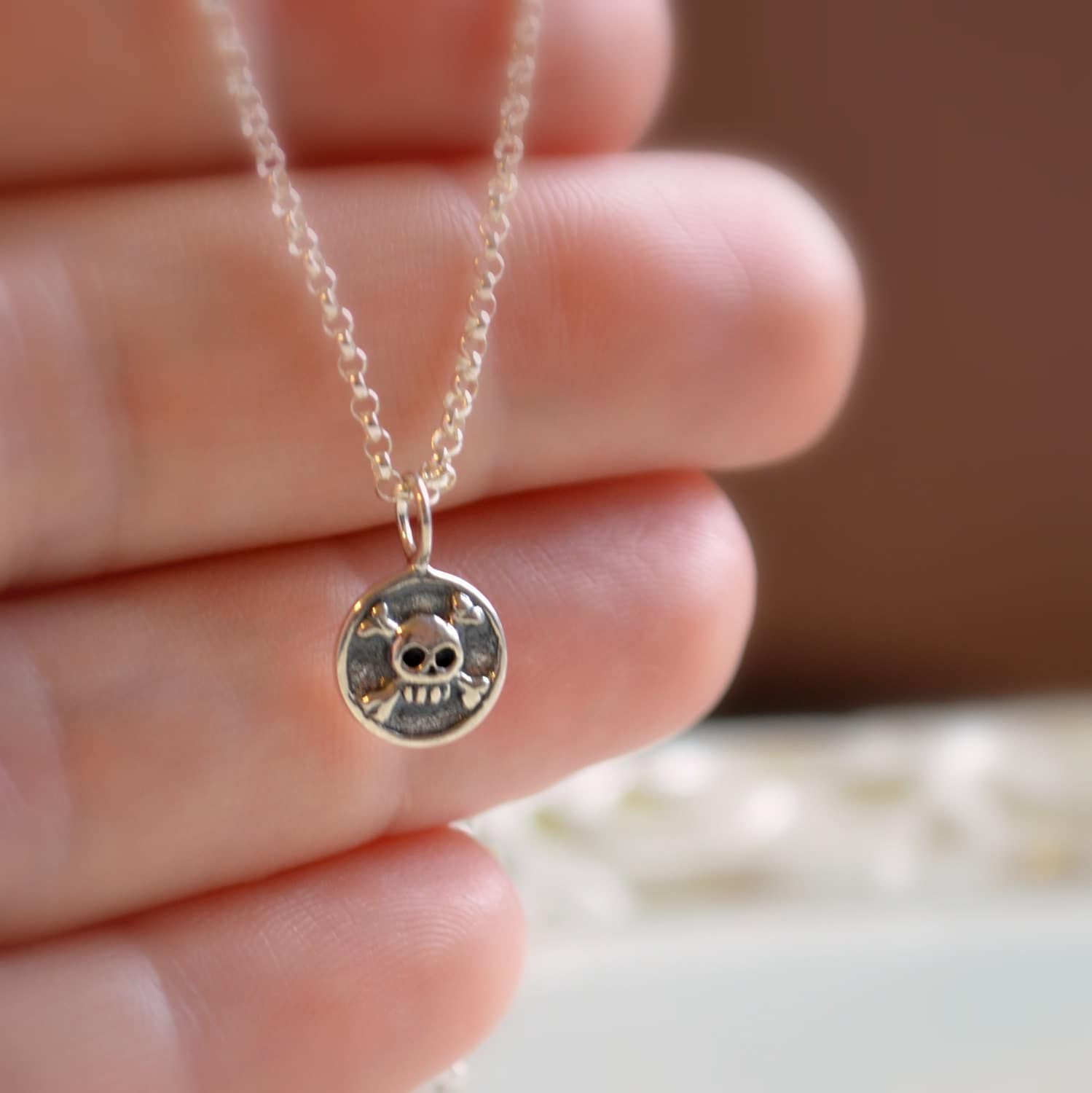 Boys Necklace Sterling Silver Skull and Crossbones Rolo