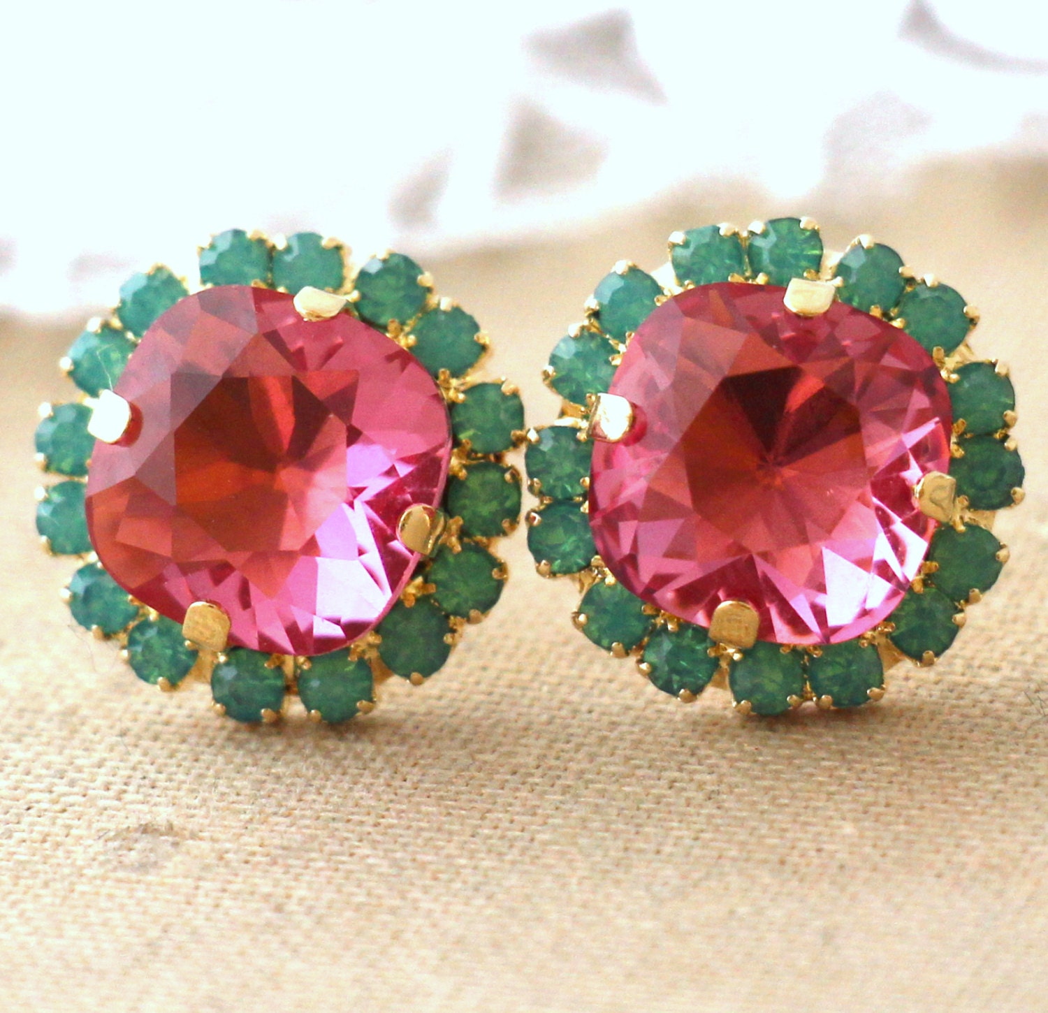 Pink Green Stud earrings Watermelon color earrings by iloniti