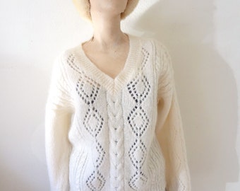 1980s Mohair Sweater - oversized ivory cable knit v-neck jumper - classic vintage