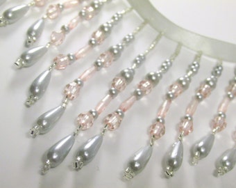 Gray Pearl and Vintage Pale Pink beads with silver glass bugle beads 4 inch long beaded fringe decorator trim