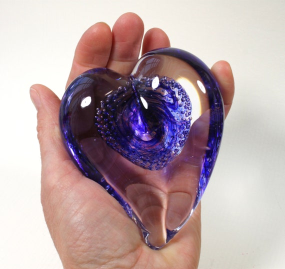 Beautiful Blue Glass Heart Paperweight Personalized 7384