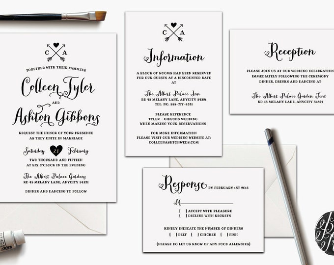Printable Rustic Wedding Invitation Suite v.1, 4pcs. Set, Calligraphy Style, I will customize for you, You Print