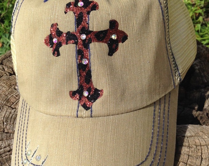 Personalized Womens Baseball Cap With Leopard Cheetah Print Cross- Rhinestone Bling Cadet Trucker Cap, Religious Accessories, Cross Hat