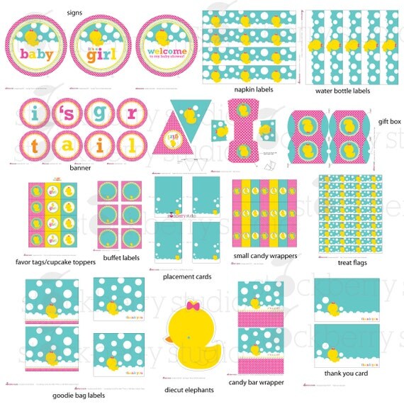 Girl Rubber Ducky Baby Shower Decorations Printable - Instant Download - Pink Baby Shower Banner - Duck Baby Shower Table Signs - Favor Tags Il_570xn