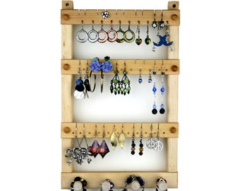 Jewelry Display - Wood Earring Holder, Basswood, Hanging, plus Necklace Holder. Holds up to 30 pairs of Earrings, plus 4 pegs.
