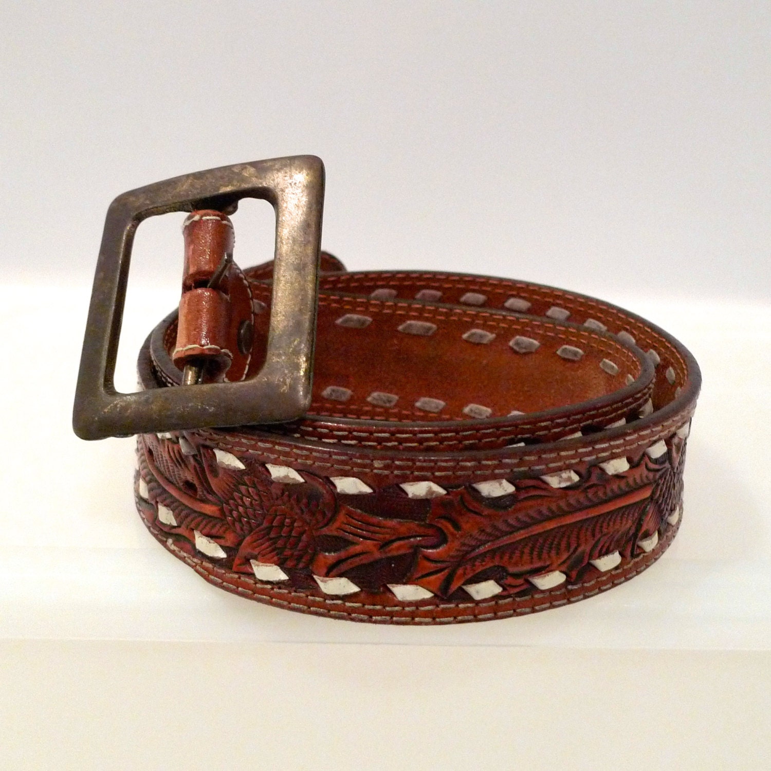 Acorn Tooled Leather Belt Vintage Oak Leaf Tooled Belt Stamped