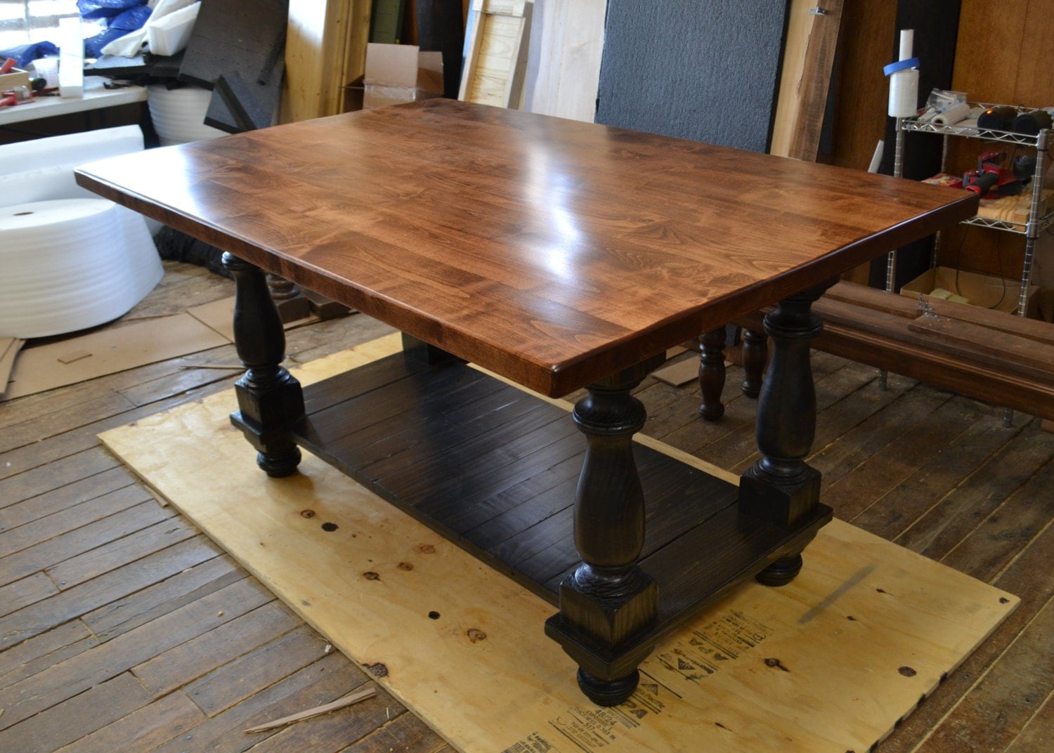 Large Kitchen Island Turned Legs And Shelf in Ebony 2 Inch