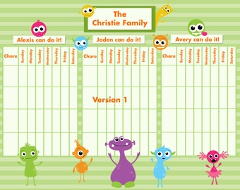 Customizable Reward/Chore Chart for Multiple Children - Silly Monsters -TWO VERSIONS 11x14 inches Printable Jpeg or PDF