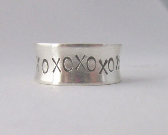 Silver ring XO kiss hug sterling silver band stamped ring 8mm width