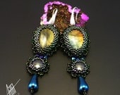 Beadwork, bead embroidery, beaded silver earrings with labradorite, hematite and Fire Polish beads.