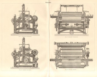 1890 Weaving Machines, Weaving Looms, Power Looms Antique Engraving Print