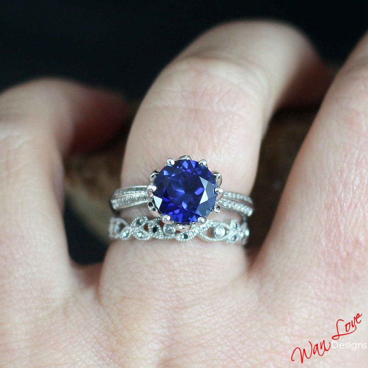 Blue Sapphire & Diamond Lotus Flower Engagement Ring Leaf