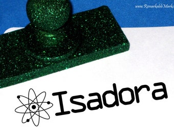 Science Teacher Gift Personalized Name Stamp Mad Scientist Party Gift Idea Children's Custom Rubber Stamp Microscope Beaker Atom Green