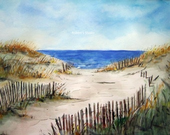 Beach Shore, Print of Original Watercolor Painting, beach art, watercolor art, watercolor print, beach painting,watercolor beach, sand dunes