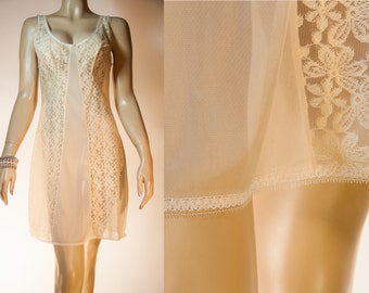 Stylish 'Charmant' soft sheer creamy apricot nylon and feature see through lace detail 1980's vintage full slip petticoat underskirt - 3021
