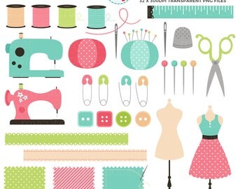 Retro Sewing Clipart Set - clip art set of sewing items, vintage sewing, buttons - personal use, small commercial use, instant download