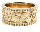 Steampunk Gold Gear Ring with Bike Chain Sides - Industrial Engagement Band