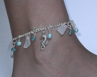 Sea glass anklet - seahorse anklet - Sterling anklet - beach glass jewelry -beach glass anklet.