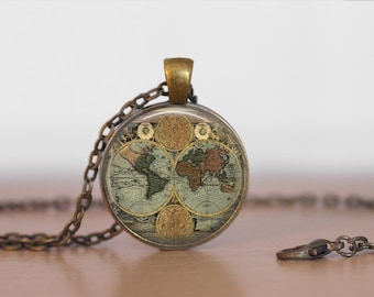 WORLD GLOBE NECKLACE / Antique Map Pendant / Unique Gift for Her / Map Jewelry / Globe / Vintage Map / brass pendant / gift box