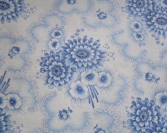 Vintage French Fabric Blue Daisies and Morning Glory Blue Rosebuds Suitable for Patchwork Quilting, Lavender Bags Feedsack