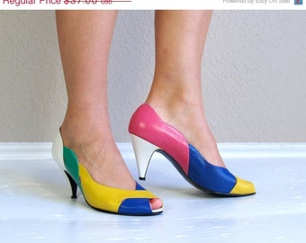 ... Peep Toe MIAMI HEELS 8 pumps rainbow shoes retro pink blue indie