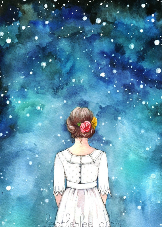 Starry Night Sky and Girl Watercolor -  Art Painting Print