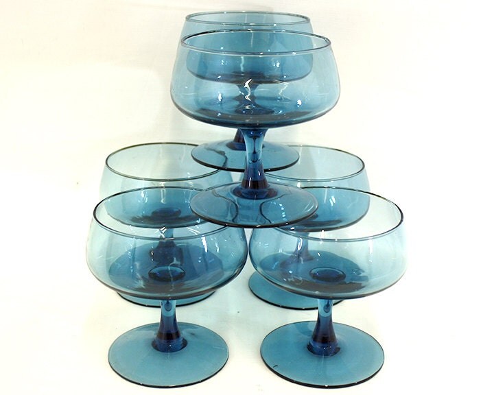 Vintage Set of 6 Large Blue Footed Dessert/Bar Glasses (E4057) Haute