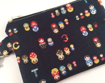 Blue Babushkas Matryoshka Russian Dolls Small Zippered Pouch, Wallet, Notions Case, Phone Case, Coin Purse