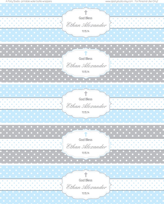 Polka Dot Baptism or Christening- Blue and Grey Water Bottle Wrappers- Print your own Il_570xn