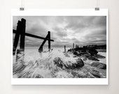 black and white photography, ocean photograph, beach photograph, water, wave, landscape photograph, norfolk, beach decor, white, storm